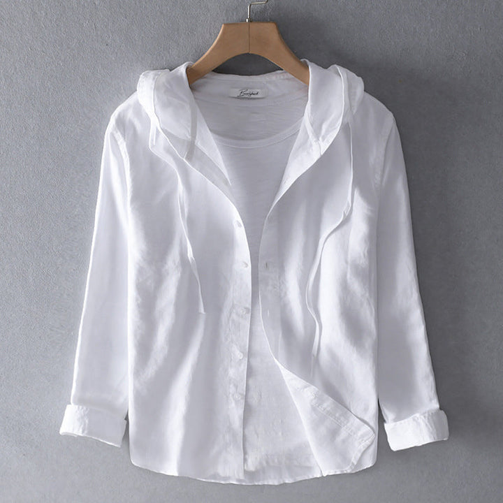 Shoreline Hood | Stripe Hooded Button-Through Linen Blouse