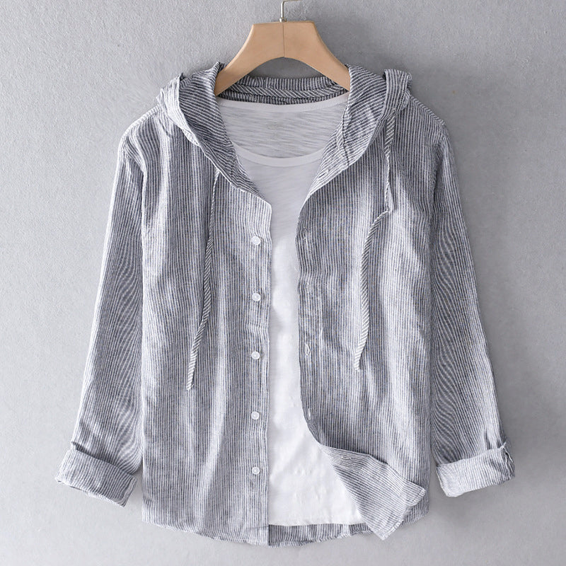 Shoreline Hood | Stripe Hooded Button-Through Linen Blouse
