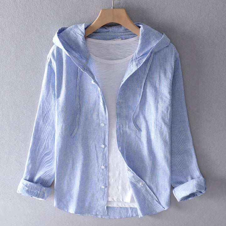 Shoreline Hood | Stripe Hooded Button-Through Linen Blouse