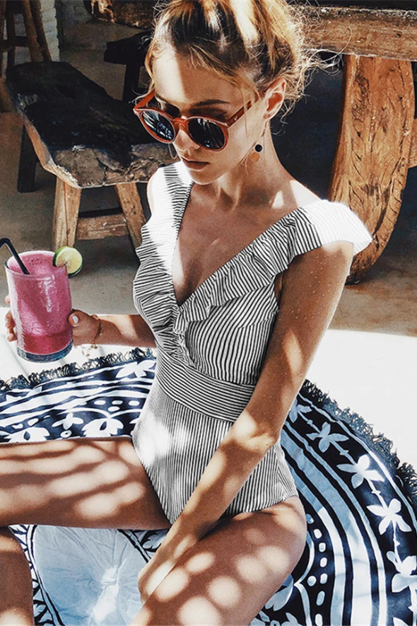 Cabana | Stripe Ruffle Shoulder One-Piece Swimsuit