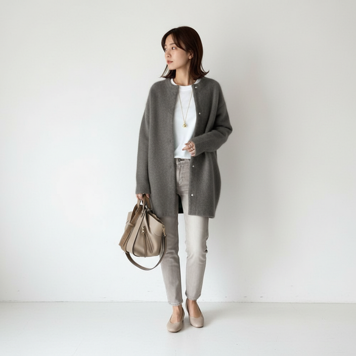 Rebecca | Longline Collarless Snap-Button Women's Cardigans