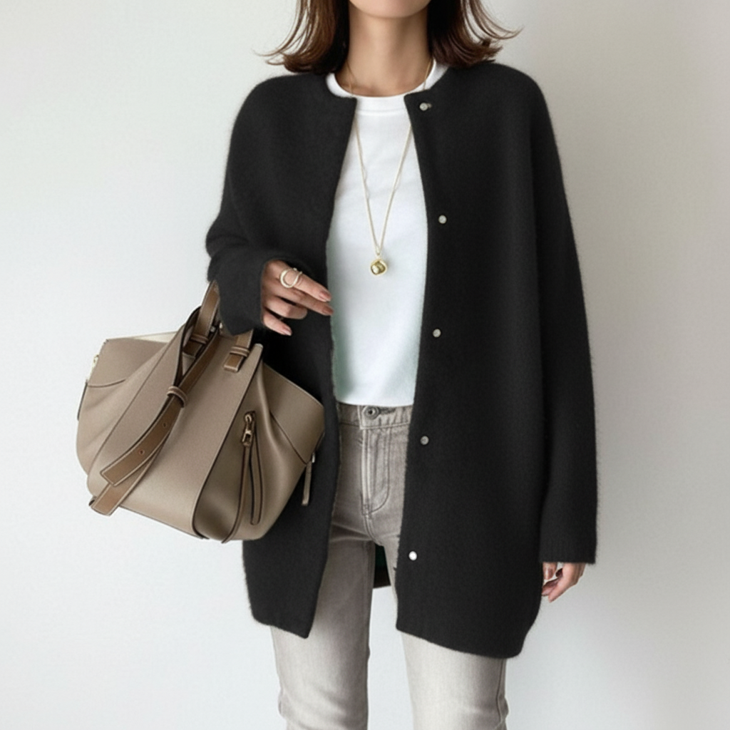 Rebecca | Longline Collarless Snap-Button Women's Cardigans