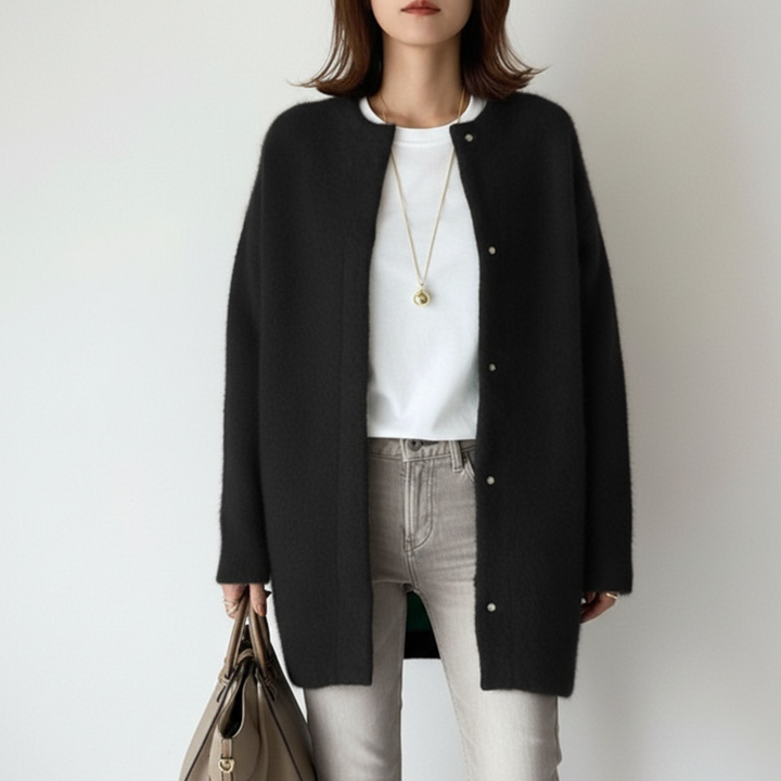 Rebecca | Longline Collarless Snap-Button Women's Cardigans