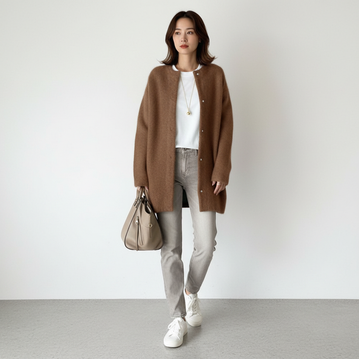 Rebecca | Longline Collarless Snap-Button Women's Cardigans