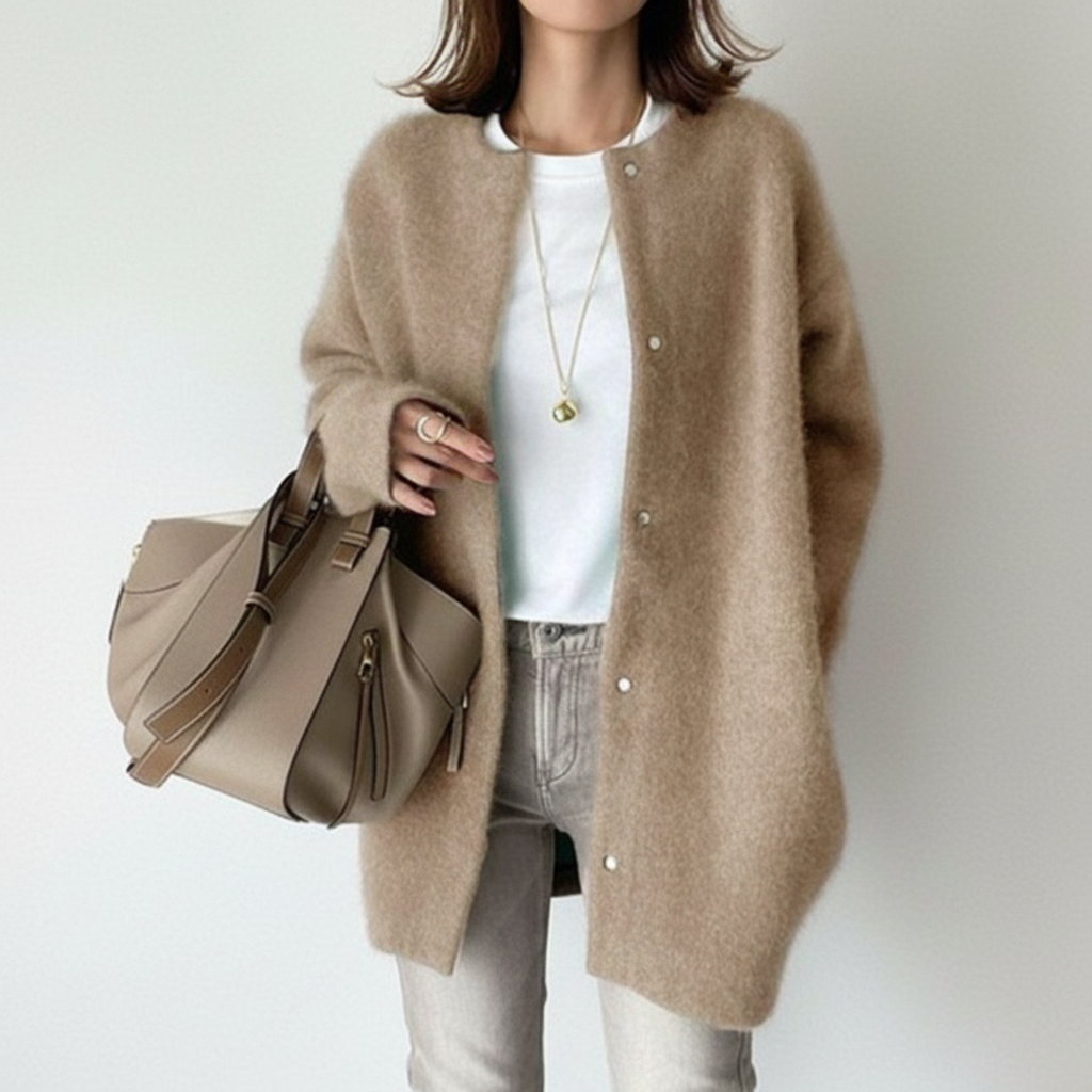 Rebecca | Longline Collarless Snap-Button Women's Cardigans