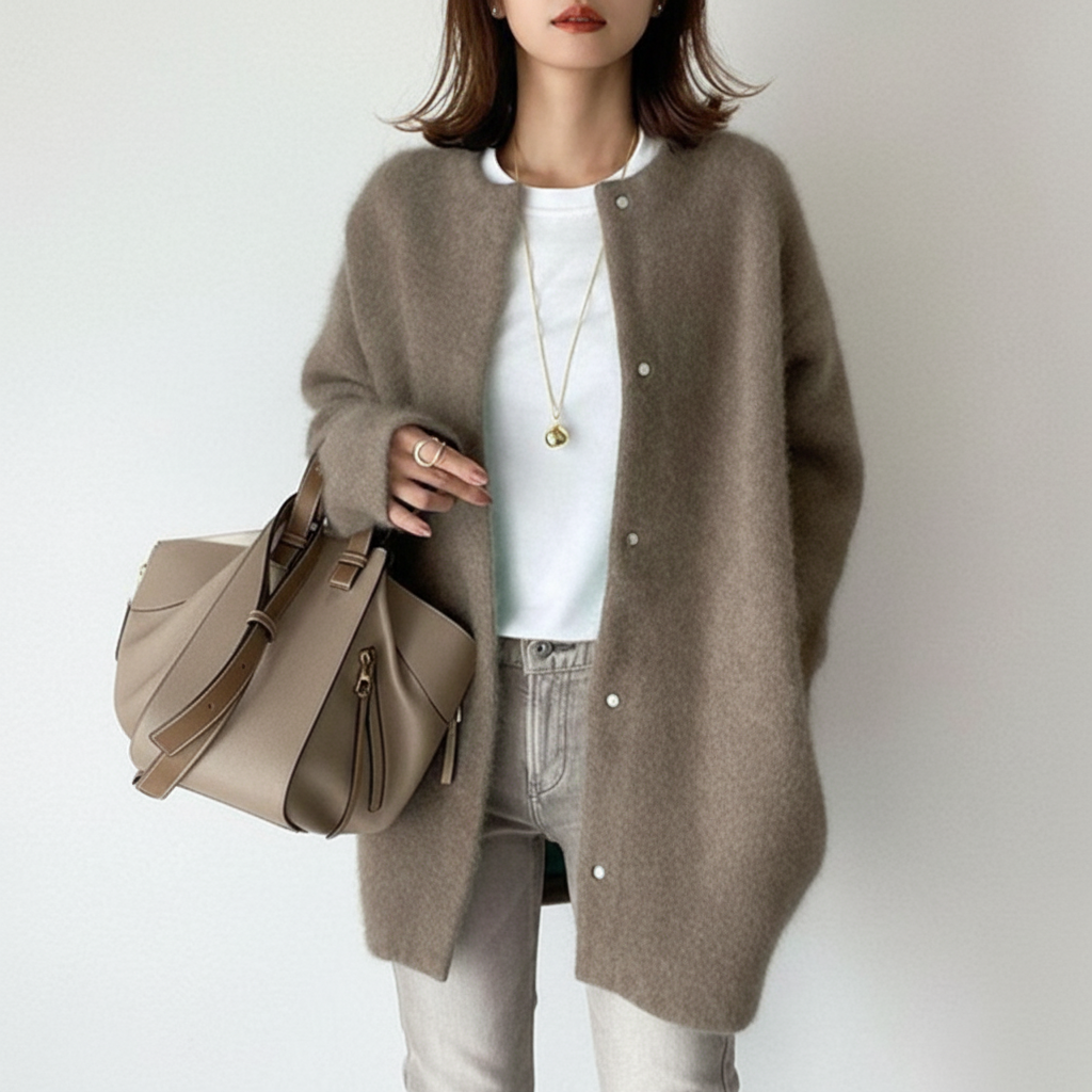 Rebecca | Longline Collarless Snap-Button Women's Cardigans