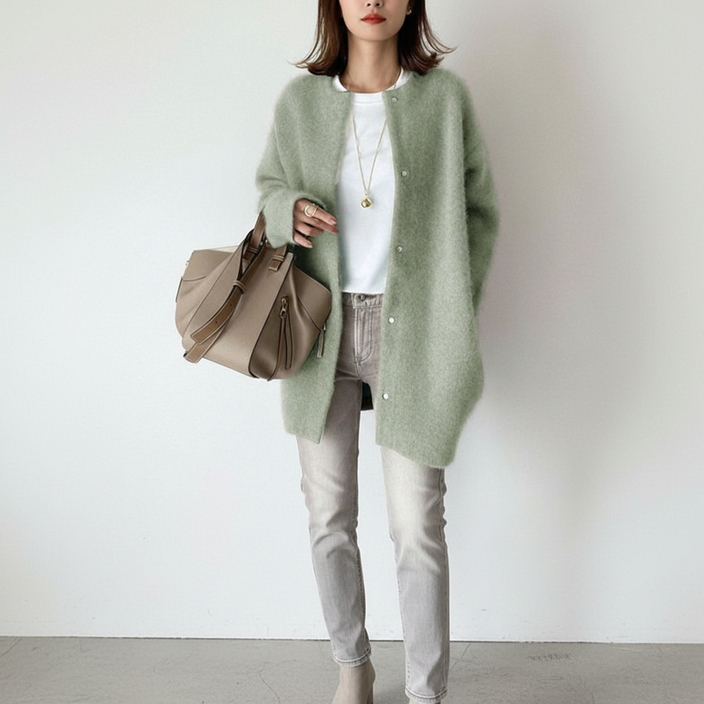 Rebecca | Longline Collarless Snap-Button Women's Cardigans