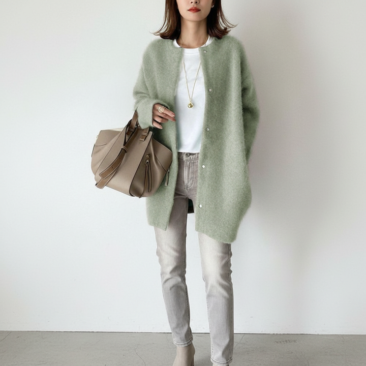 Rebecca | Longline Collarless Snap-Button Women's Cardigans