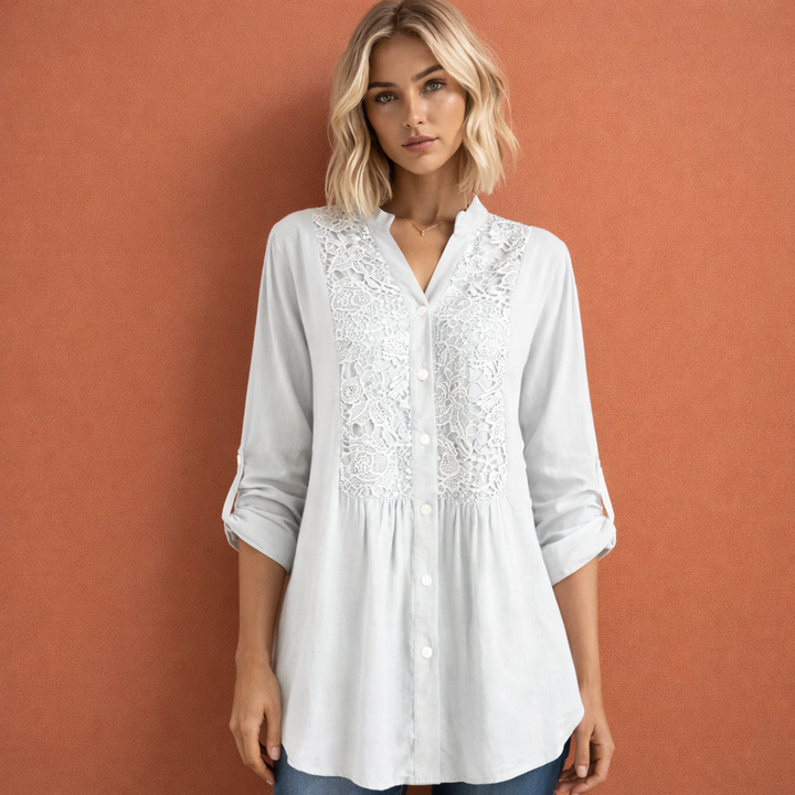 Lacefield | Crochet Lace Panel Button-Up Tunic Blouse