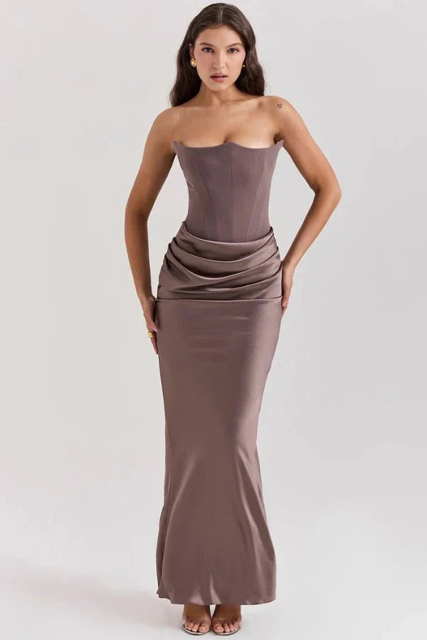Valentina | One Shoulder Corset Maxi Dress with Draped Skirt
