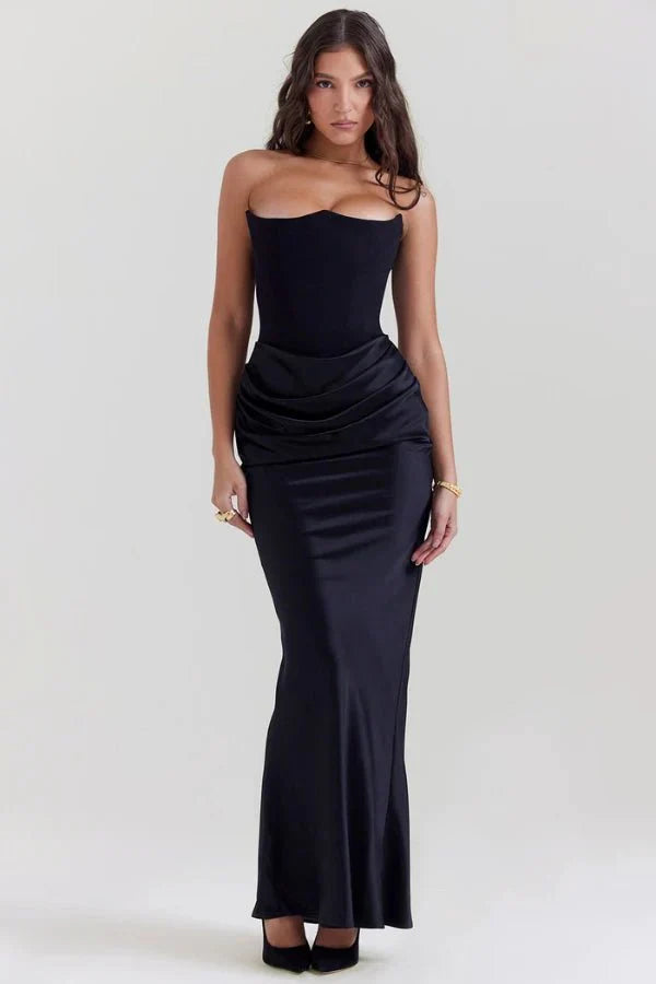 Valentina | One Shoulder Corset Maxi Dress with Draped Skirt