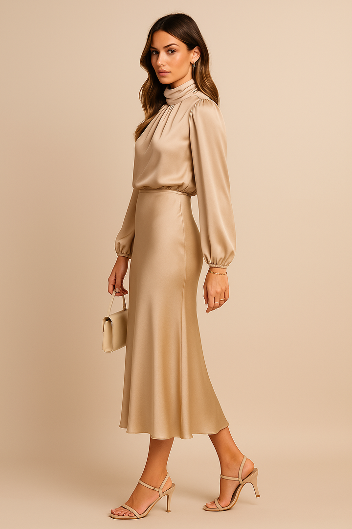 Audrey | Mock Neck Balloon Sleeve Satin Formal Dress