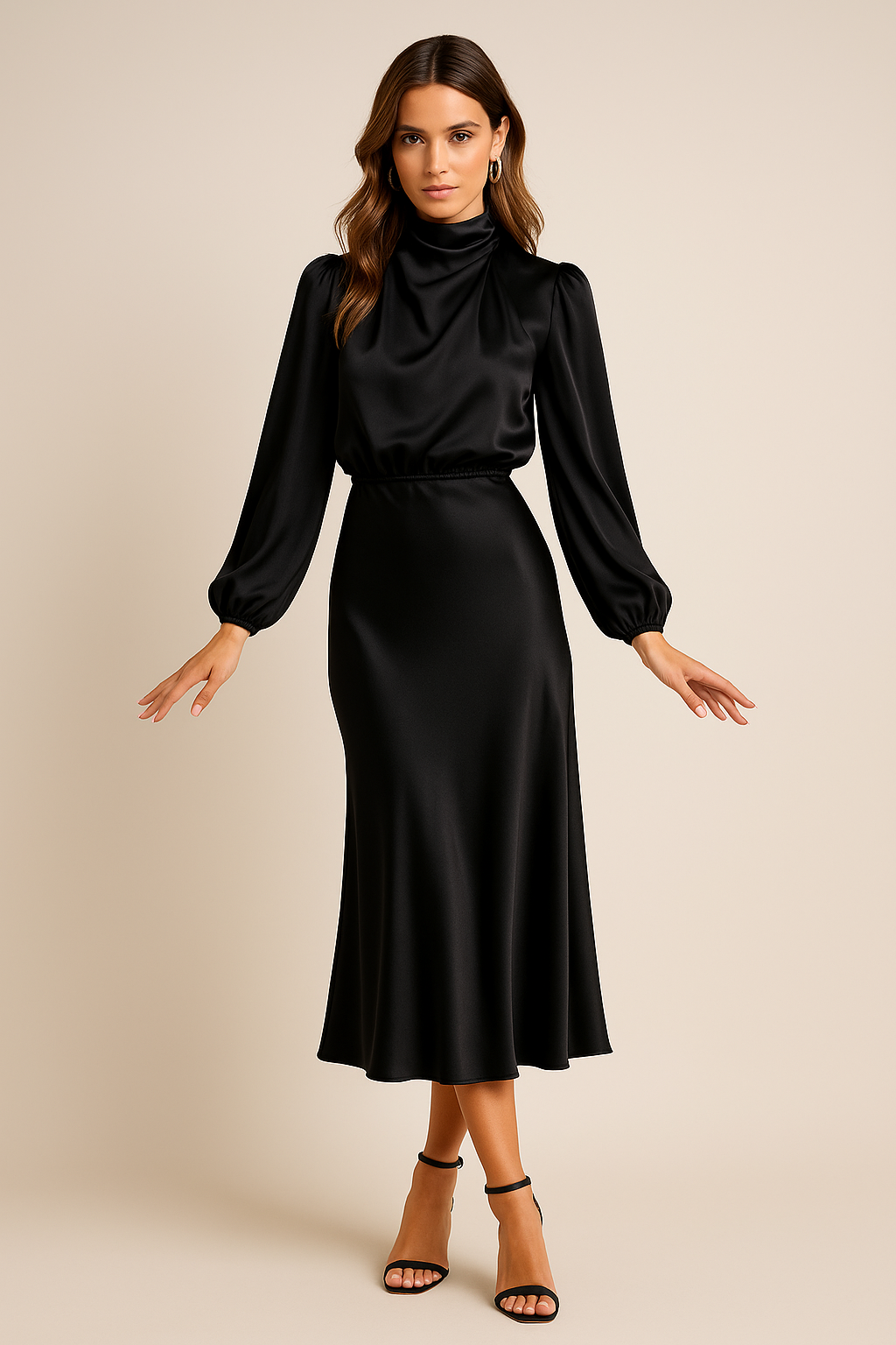 Audrey | Mock Neck Balloon Sleeve Satin Formal Dress