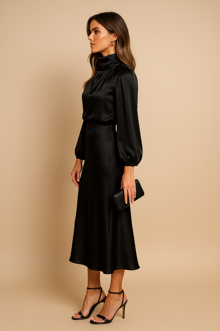 Audrey | Mock Neck Balloon Sleeve Satin Formal Dress
