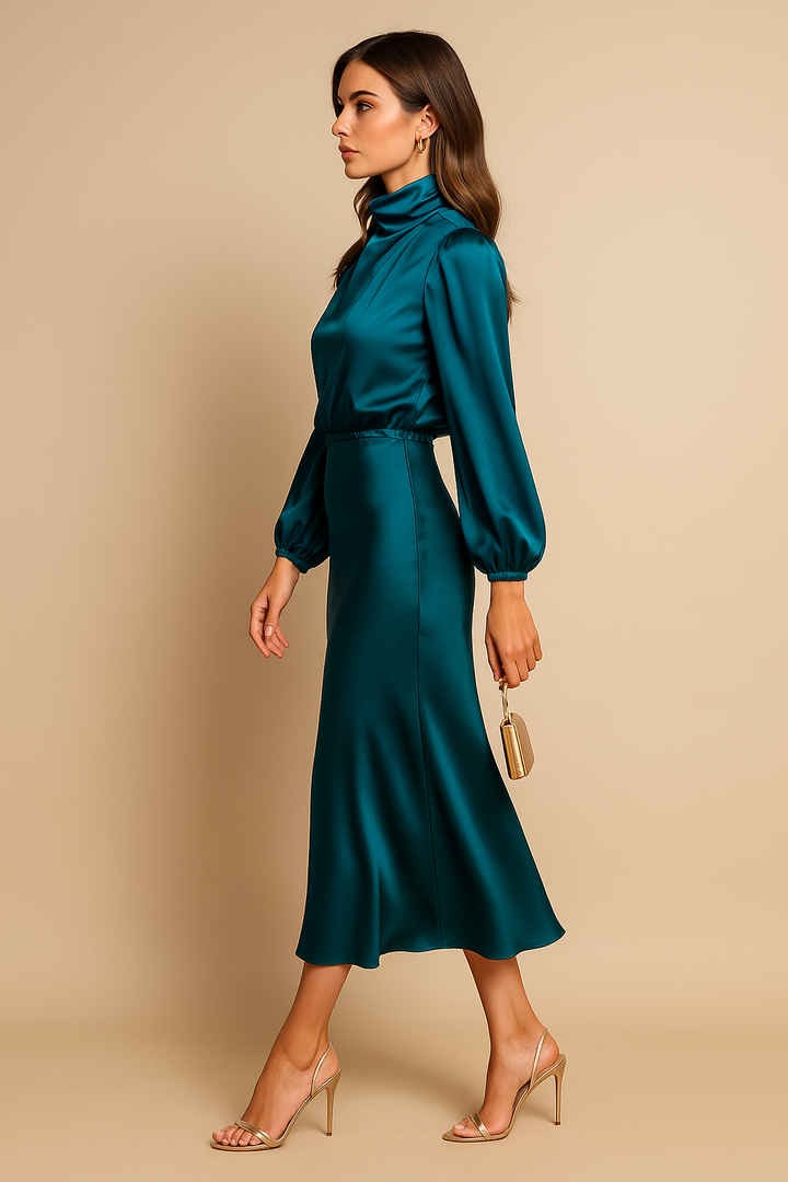 Audrey | Mock Neck Balloon Sleeve Satin Formal Dress
