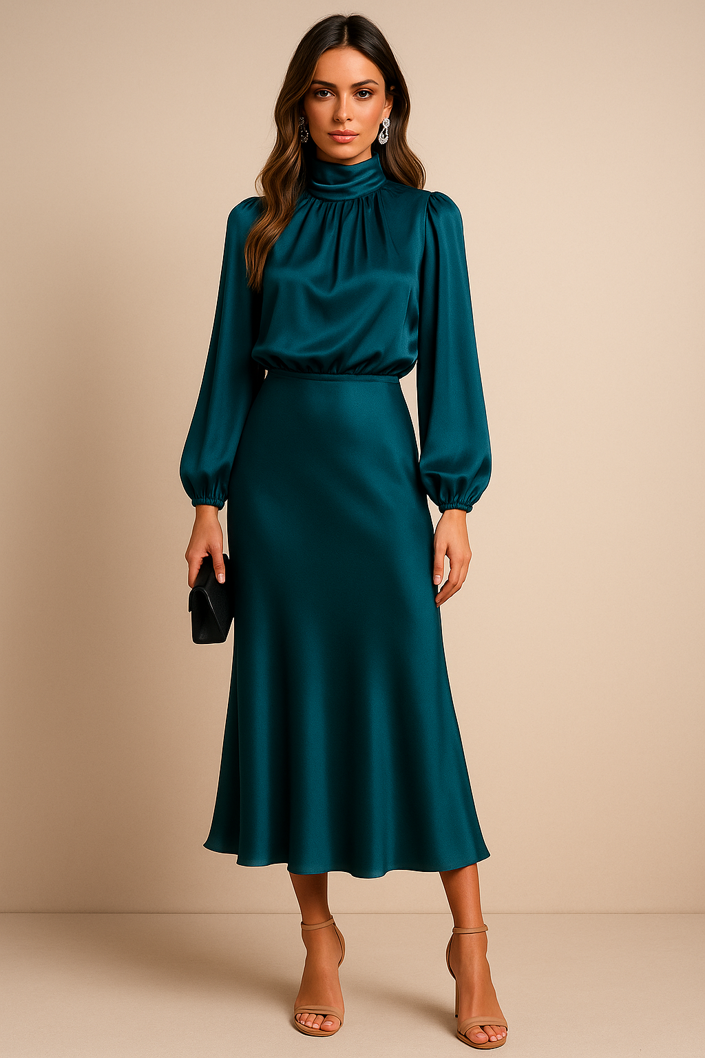 Audrey | Mock Neck Balloon Sleeve Satin Formal Dress
