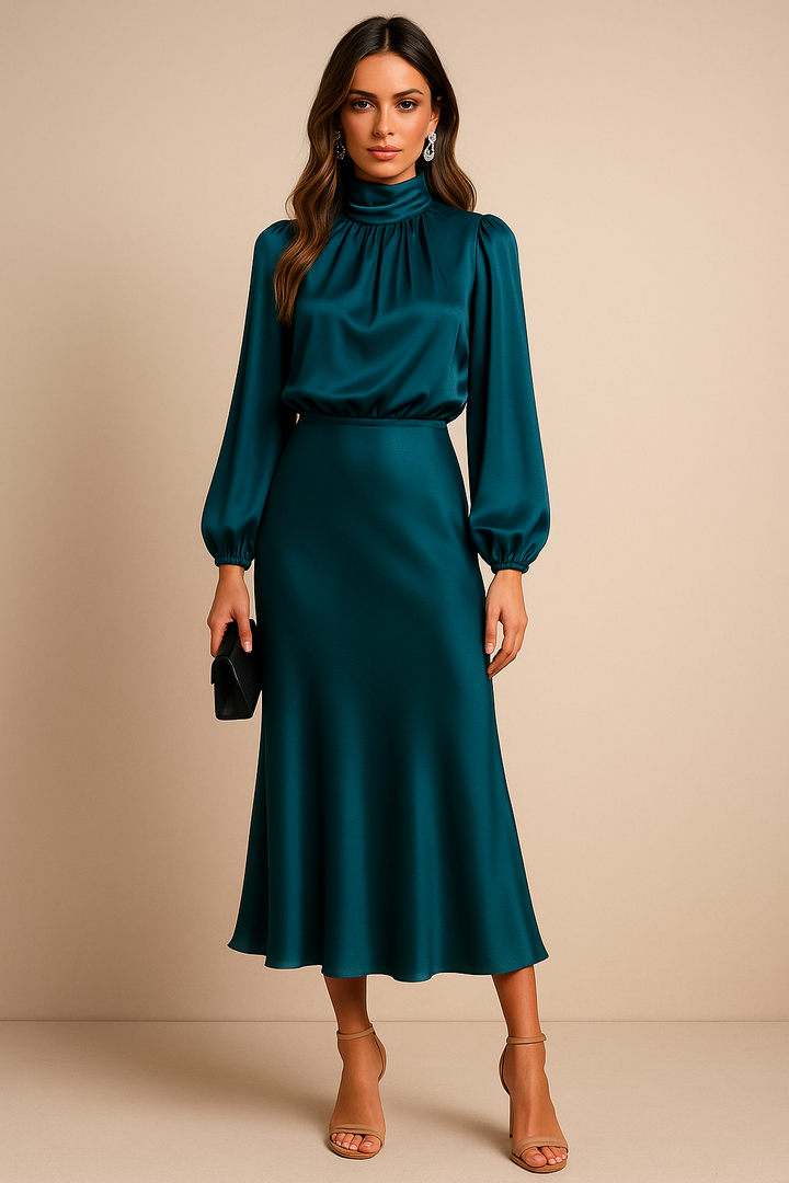 Audrey | Mock Neck Balloon Sleeve Satin Formal Dress