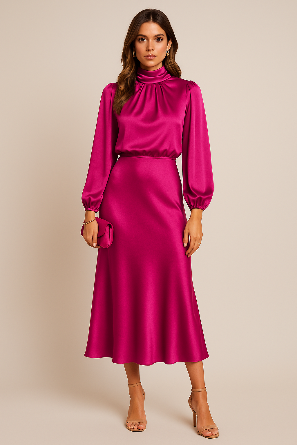 Audrey | Mock Neck Balloon Sleeve Satin Formal Dress