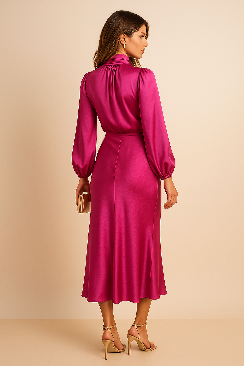 Audrey | Mock Neck Balloon Sleeve Satin Formal Dress