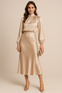 Audrey | Mock Neck Balloon Sleeve Satin Formal Dress