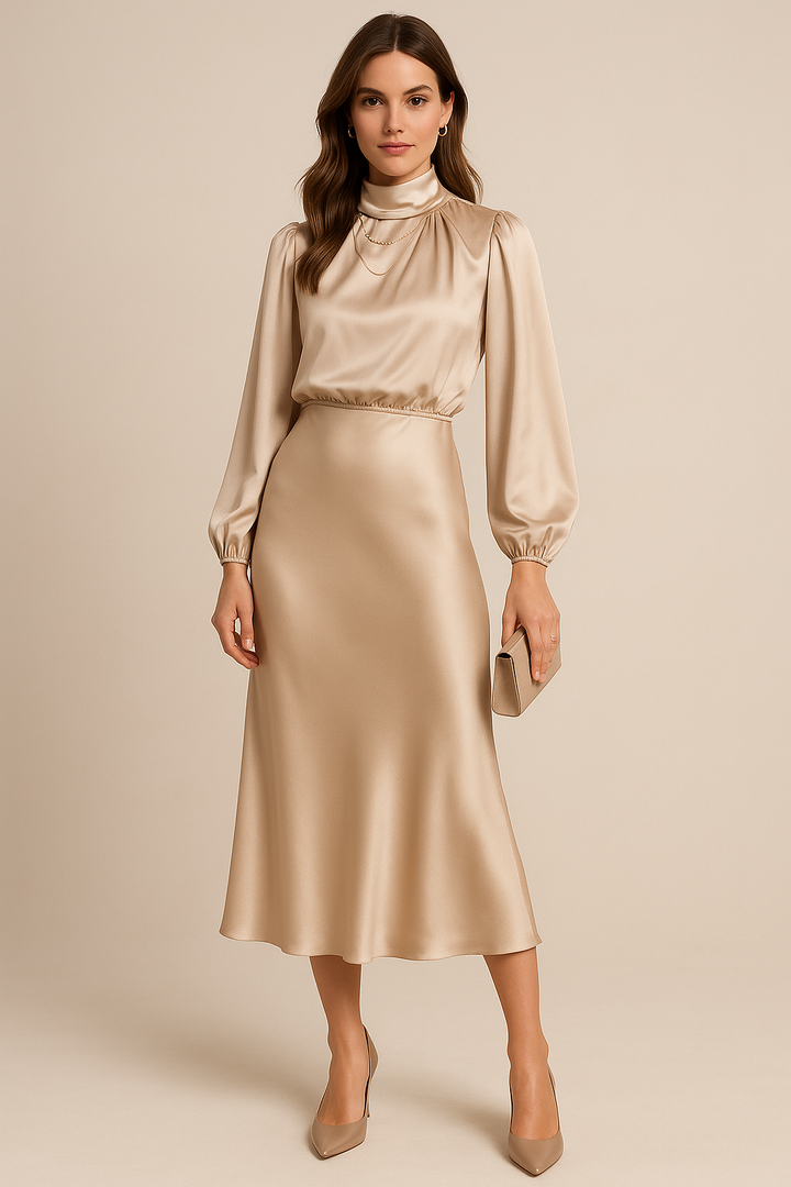 Audrey | Mock Neck Balloon Sleeve Satin Formal Dress