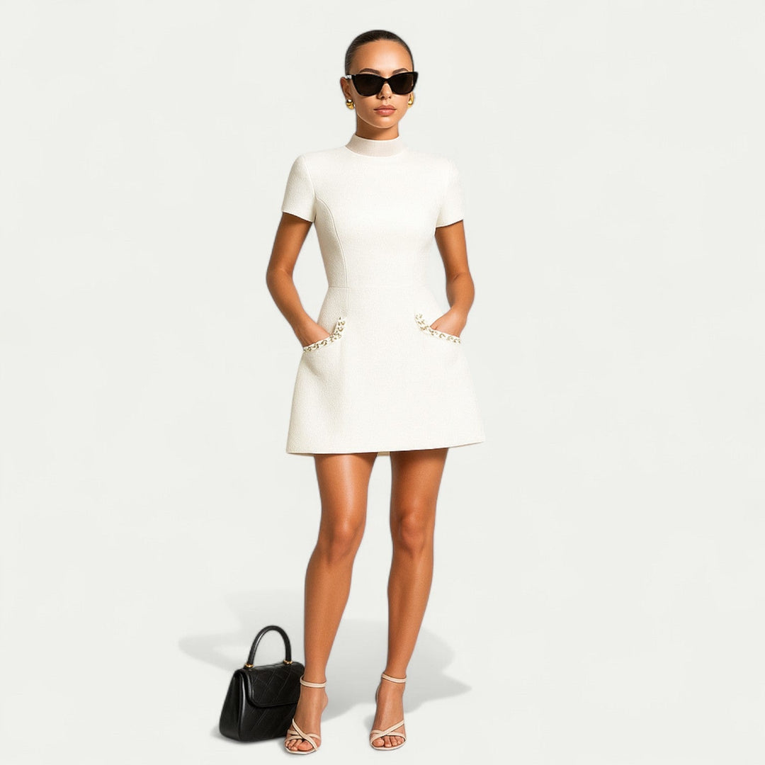 Cecelia | Pearl Trim Tweed Cap Sleeve Formal Dress