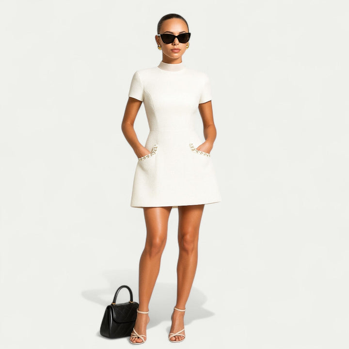 Cecelia | Pearl Trim Tweed Cap Sleeve Formal Dress