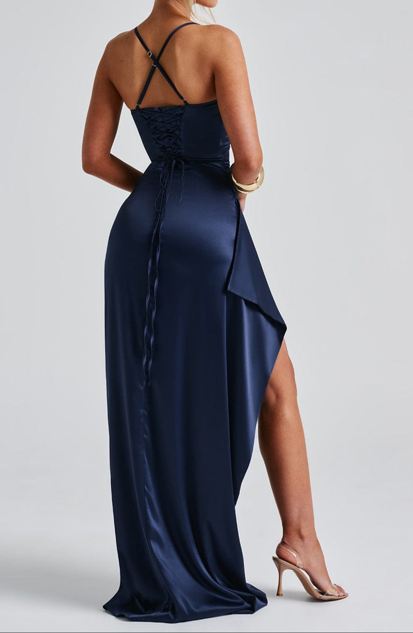 Sienna | Satin Strappy Ruched Formal Maxi Dress with Split