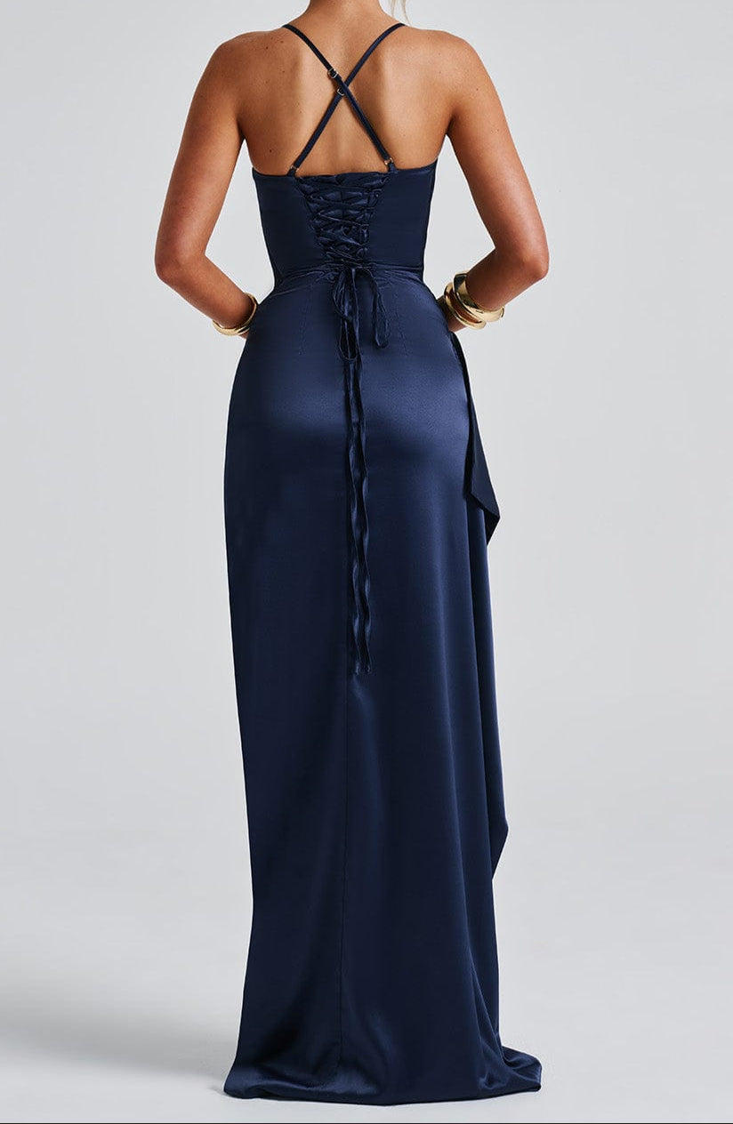 Sienna | Satin Strappy Ruched Formal Maxi Dress with Split