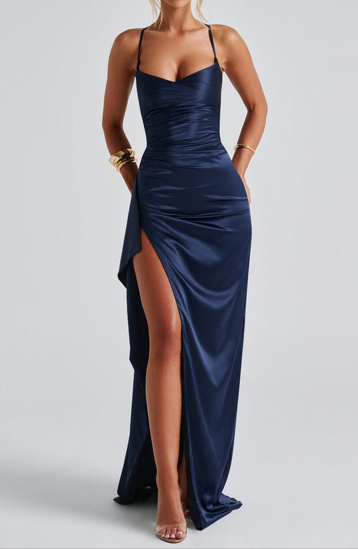 Sienna | Satin Strappy Ruched Formal Maxi Dress with Split