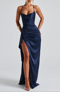 Sienna | Satin Strappy Ruched Formal Maxi Dress with Split