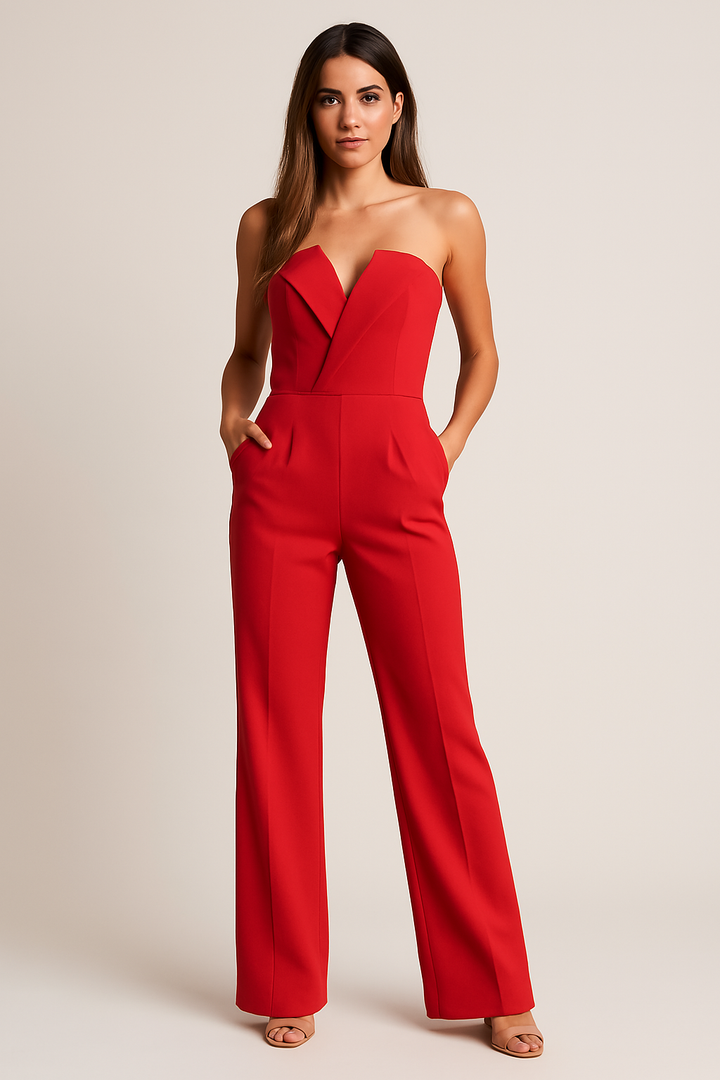 Lennox | Strapless V-Notch Tuxedo Jumpsuit with Wide Leg Trousers