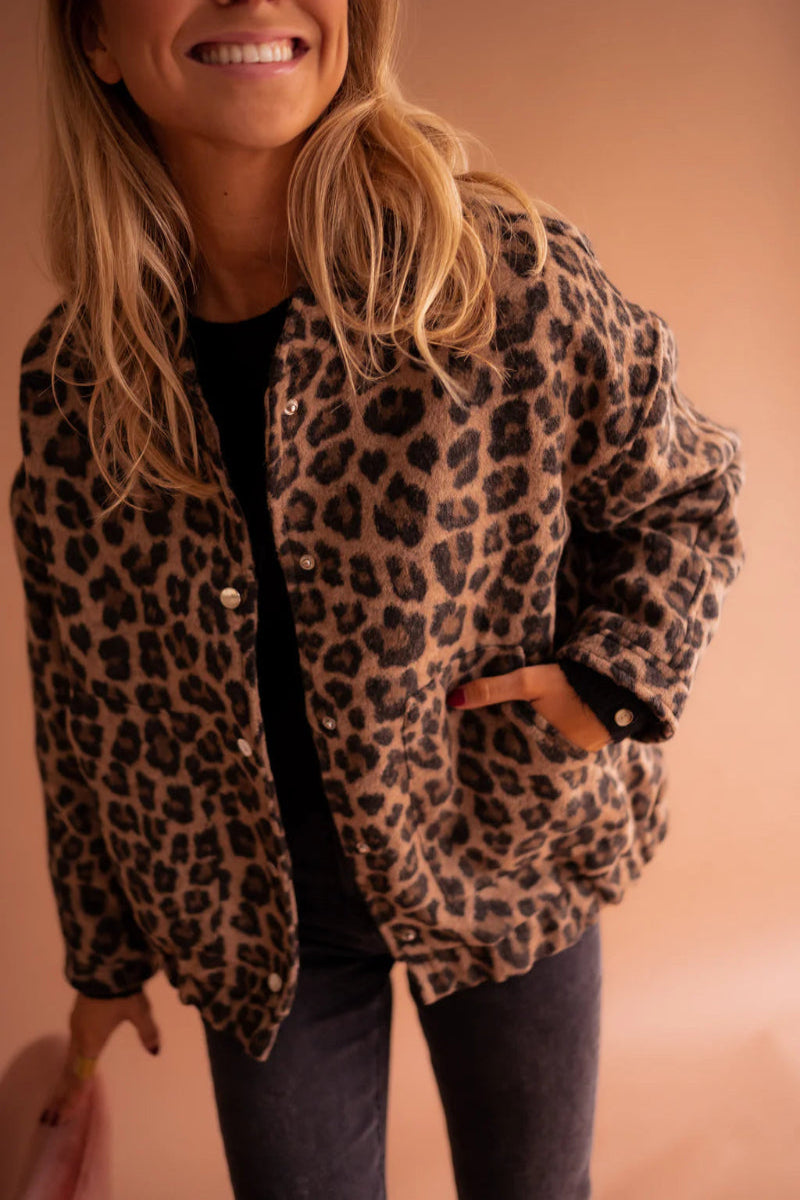 Wildra | Leopard Print Snap-Button Women's Bomber Jackets