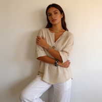Sandstone | Single Button V-Neck Oversized Tunic Blouse