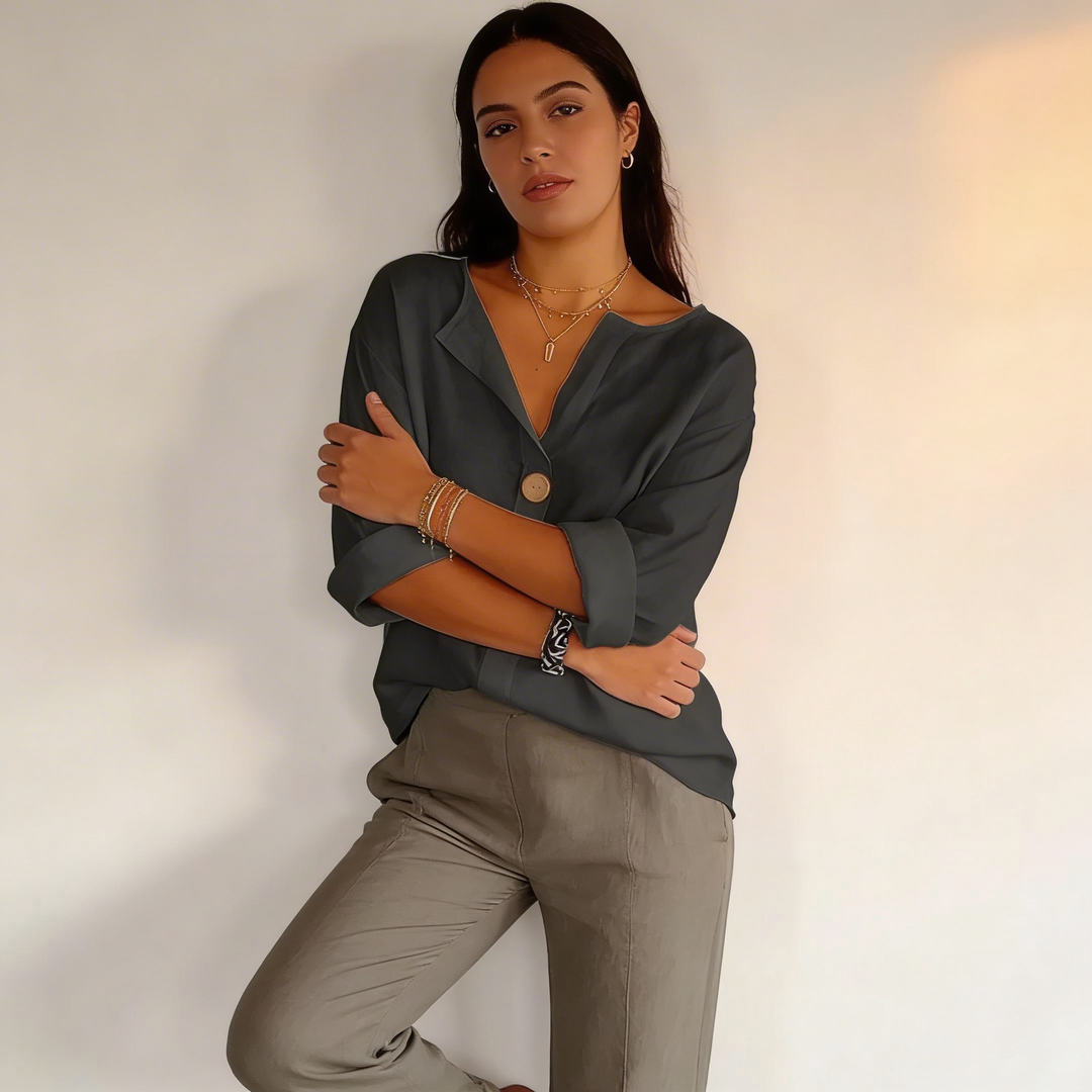Sandstone | Single Button V-Neck Oversized Tunic Blouse