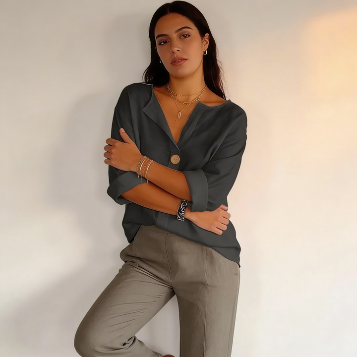 Sandstone | Single Button V-Neck Oversized Tunic Blouse