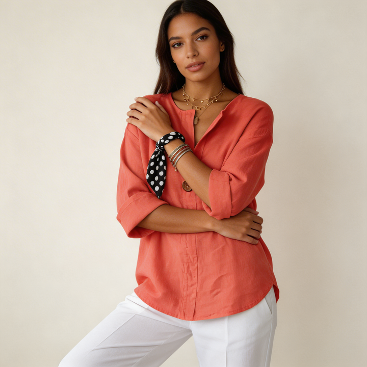 Sandstone | Single Button V-Neck Oversized Tunic Blouse
