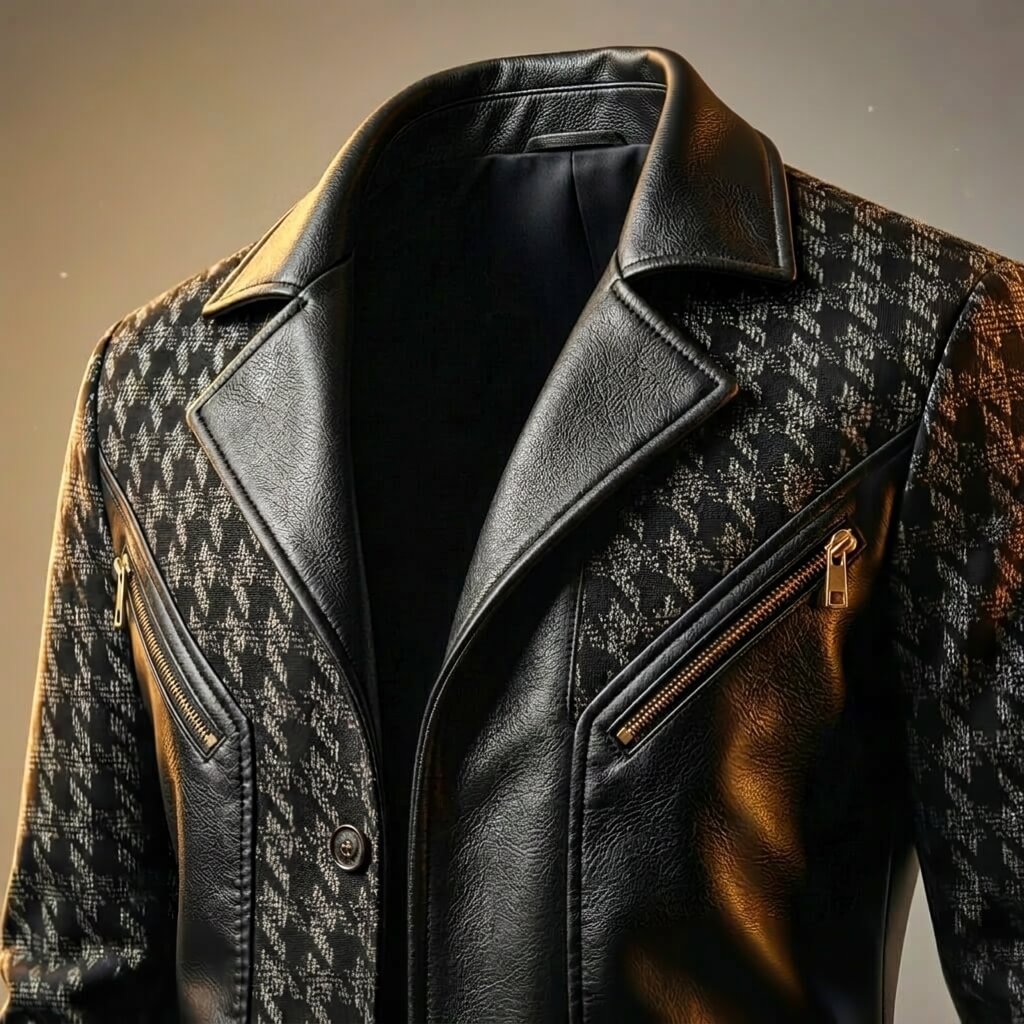 Hawthorne | Houndstooth Blazer with Leather Trim and Gold Zips