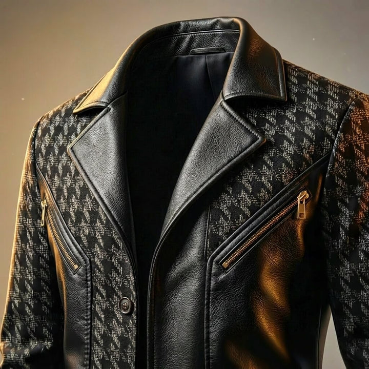 Hawthorne | Houndstooth Blazer with Leather Trim and Gold Zips