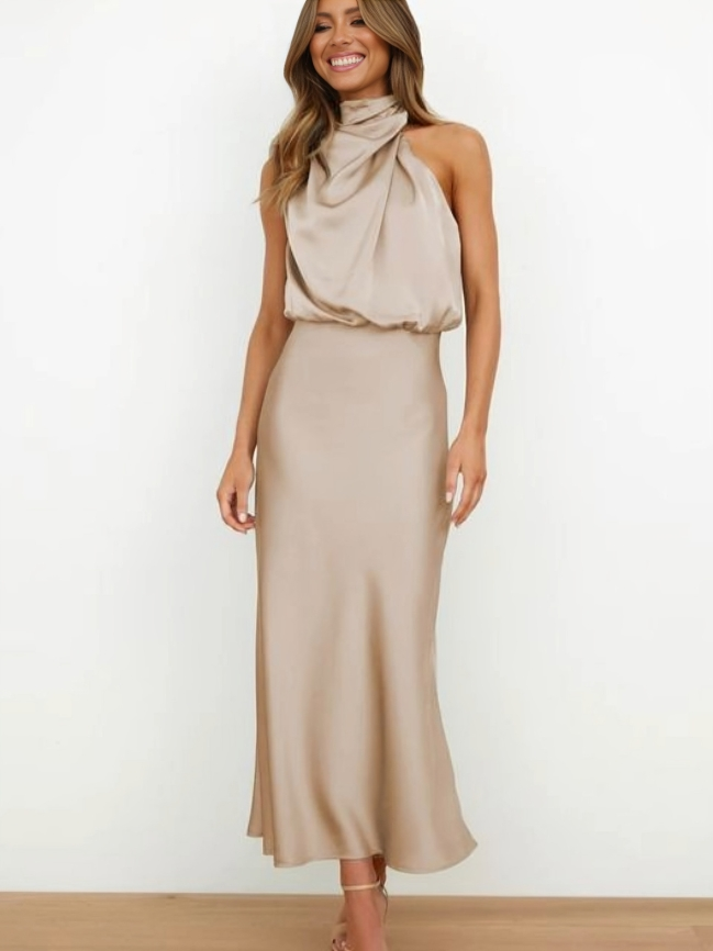 Calliope | Draped Twist Satin Halter Neck Maxi Dress