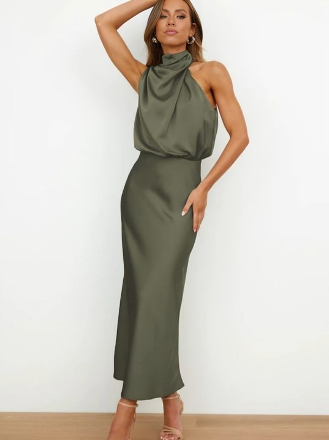 Calliope | Draped Twist Satin Halter Neck Maxi Dress