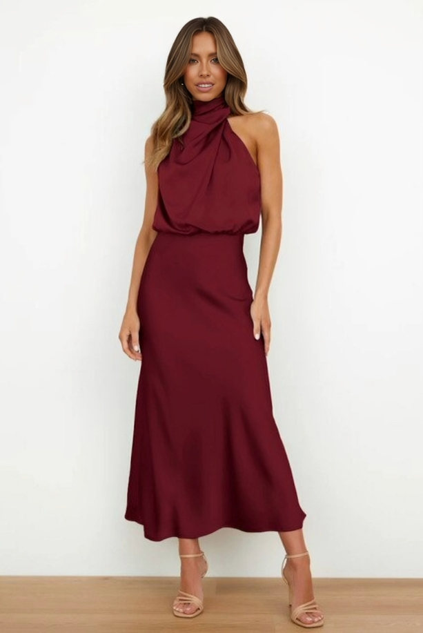 Calliope | Draped Twist Satin Halter Neck Maxi Dress