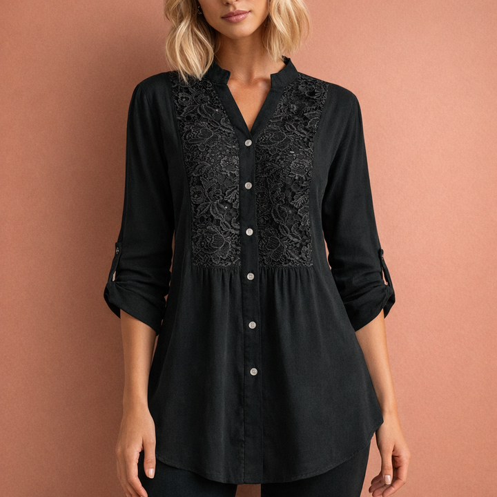 Lacefield | Crochet Lace Panel Button-Up Tunic Blouse