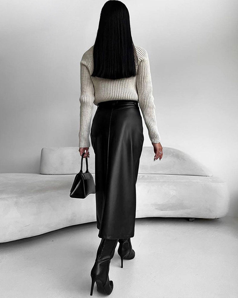 Noir | High Waist Front Split Faux Leather Midi Skirt