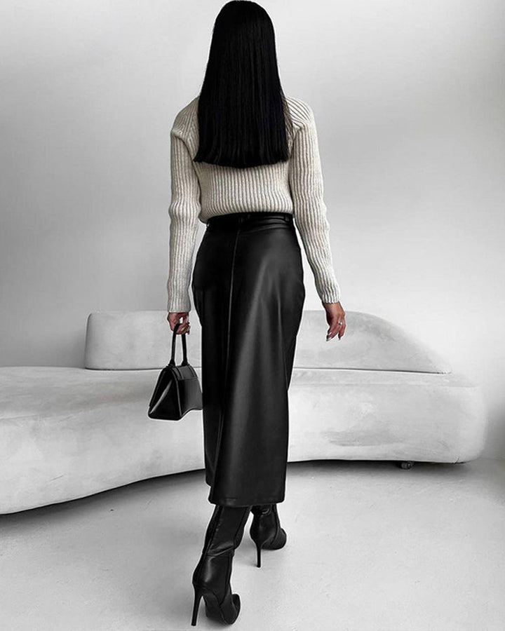 Noir | High Waist Front Split Faux Leather Midi Skirt