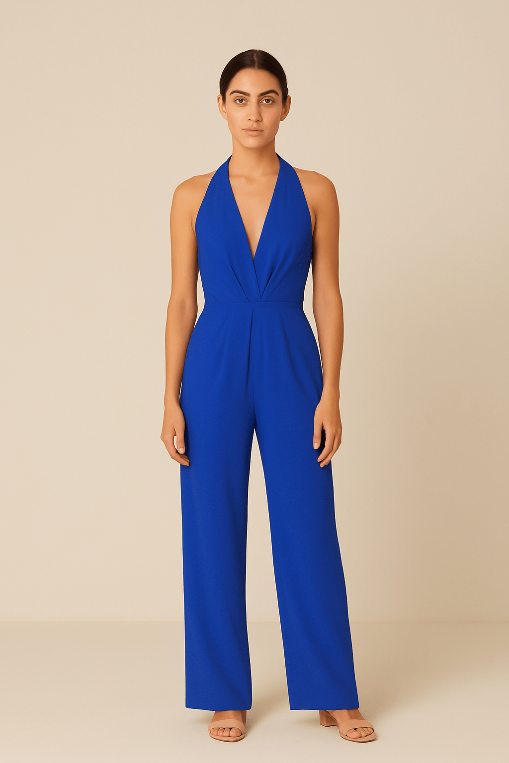 Ashford | Plunge Halter Neck Jumpsuit with Wide Leg Trousers and Pockets