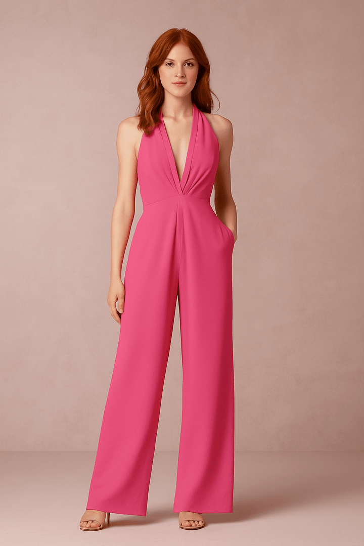 Ashford | Plunge Halter Neck Jumpsuit with Wide Leg Trousers and Pockets