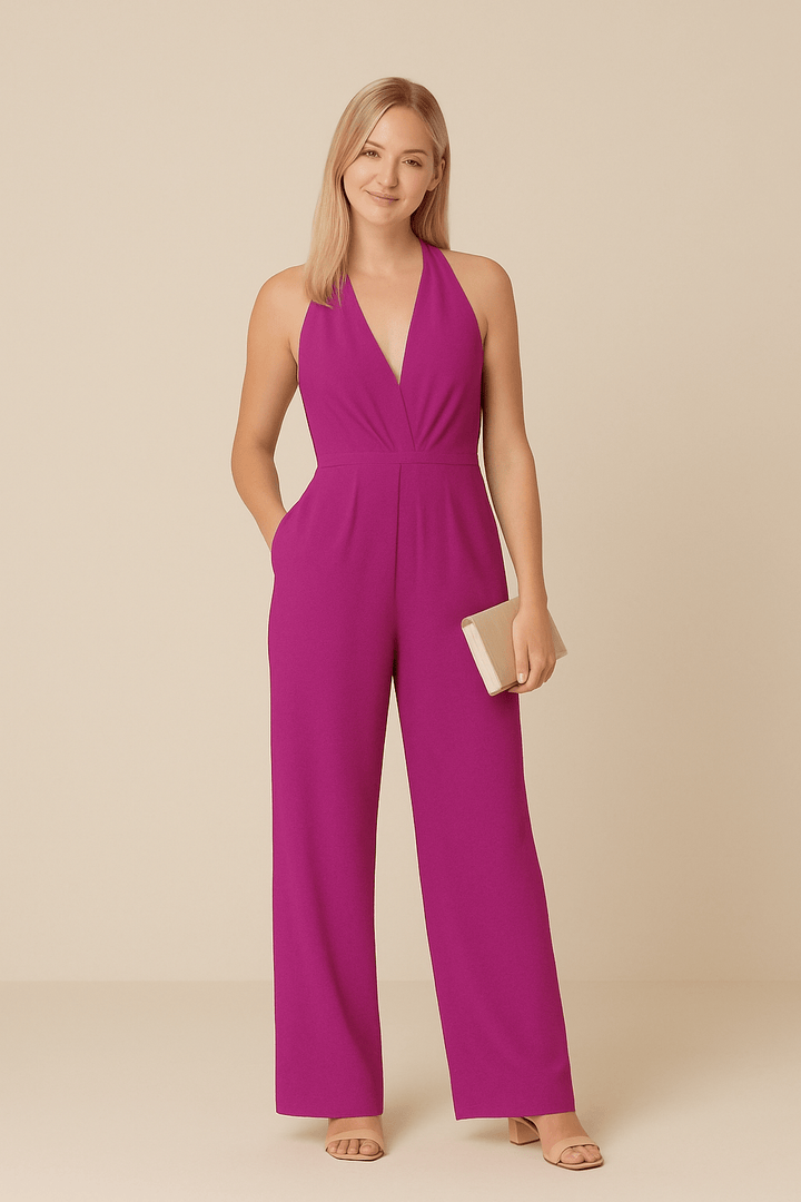 Ashford | Plunge Halter Neck Jumpsuit with Wide Leg Trousers and Pockets