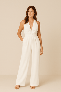 Ashford | Plunge Halter Neck Jumpsuit with Wide Leg Trousers and Pockets