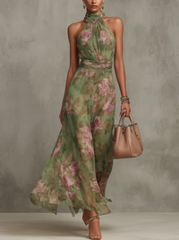 Elodie | Floral Chiffon Gathered Halter Neck Maxi Dress